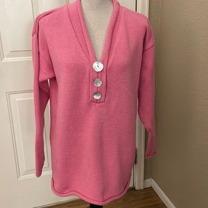 Pink v neck, tunic hand knit sweater. Excellent condition.